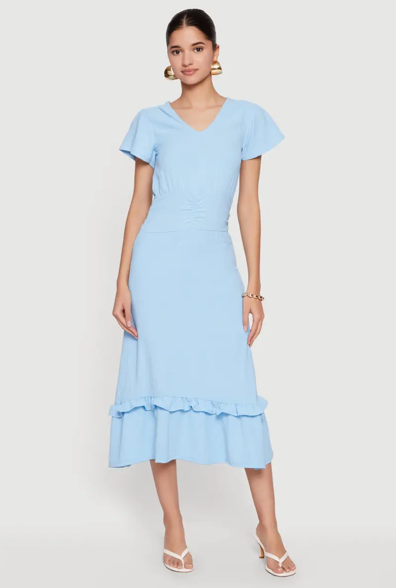 Crepe Knit Midi Dress With Cinched Waist & Ruffle Hem 1