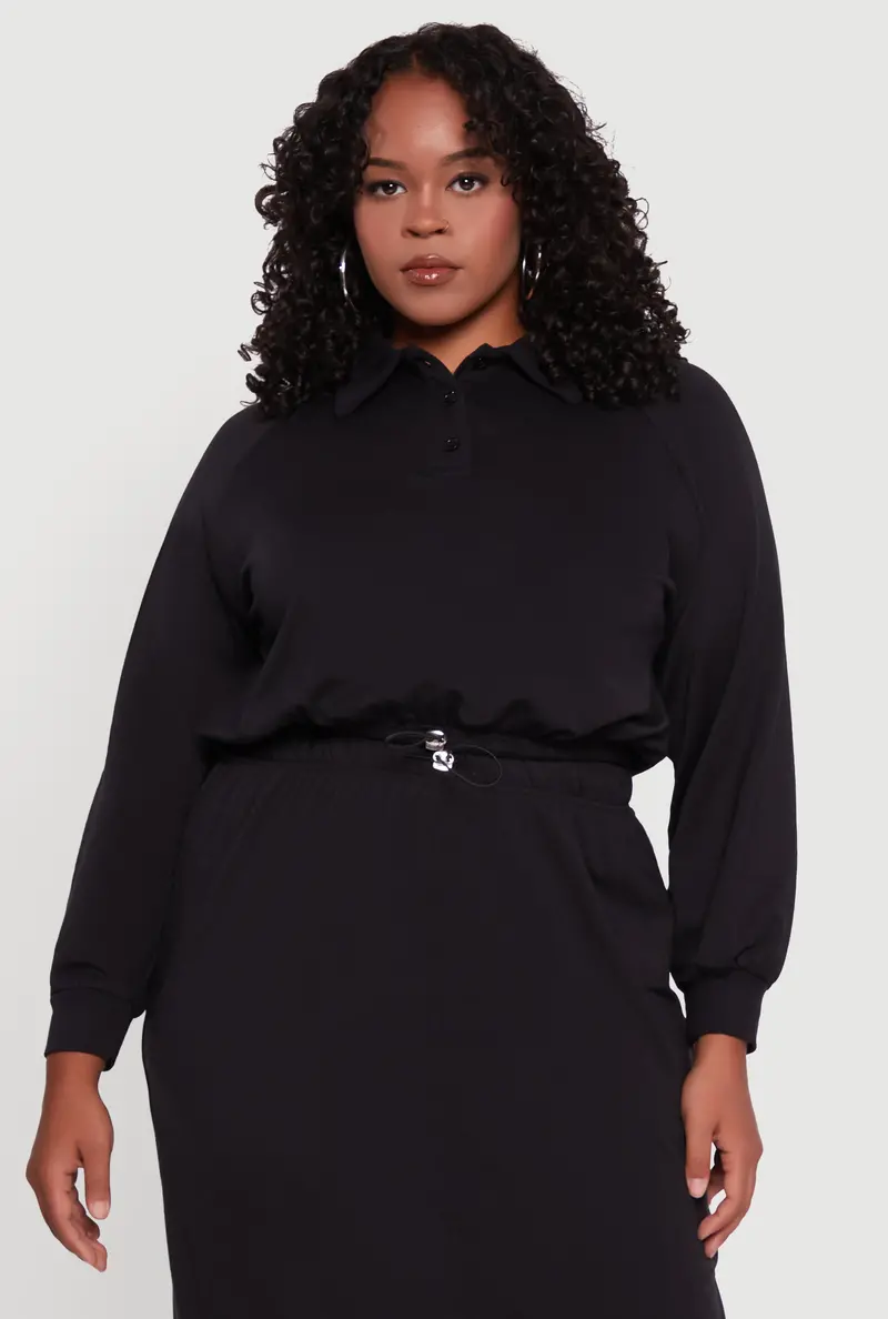 Crop-Length Sweatshirt With Toggle-Detail Drawstring Hem – Plus Size 1