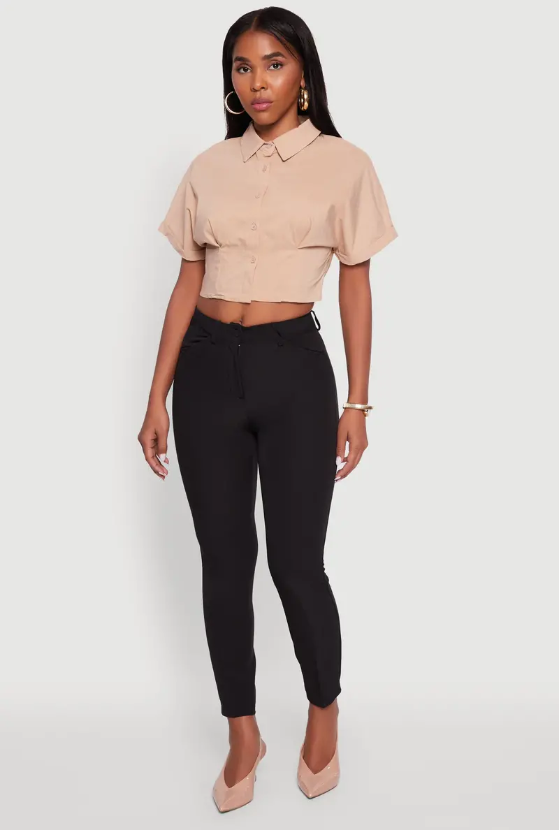 Cropped Button-Front Shirt With Fixed Cuff Detail 1