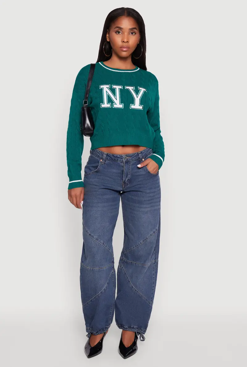 Cropped Cable Knit Sweater With New York Patch Embellishment 1