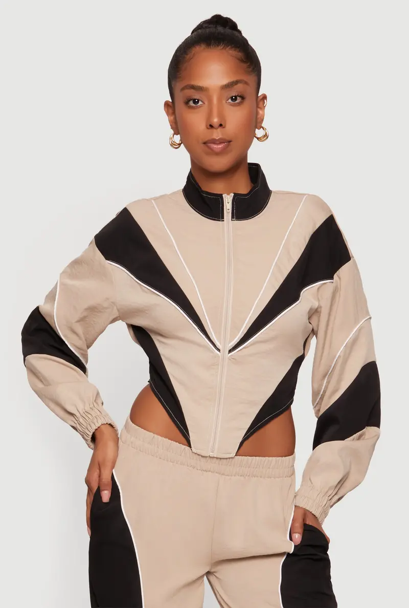Cropped Color-Blocked Zip-Up Jacket With Contrast Piping 1