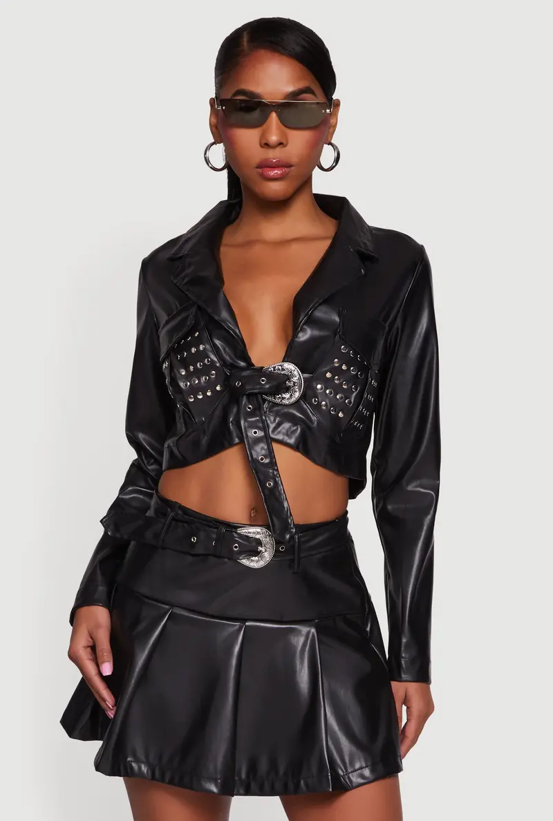 Cropped Faux Leather Jacket With Belted Front And Stud Accents 1