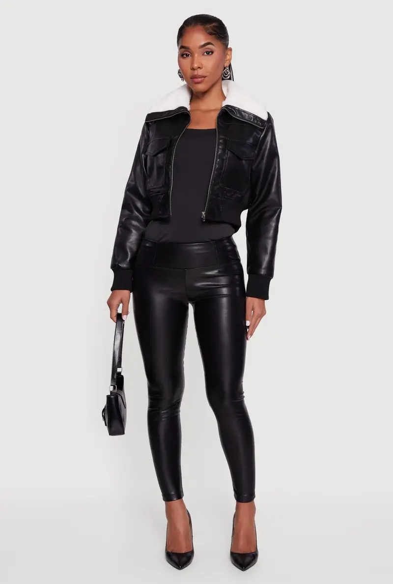 Cropped Faux Leather Jacket With Faux Fur Collar 1