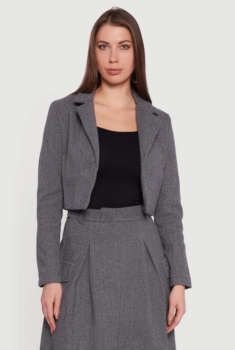 Cropped Herringbone Blazer With Open Front 1