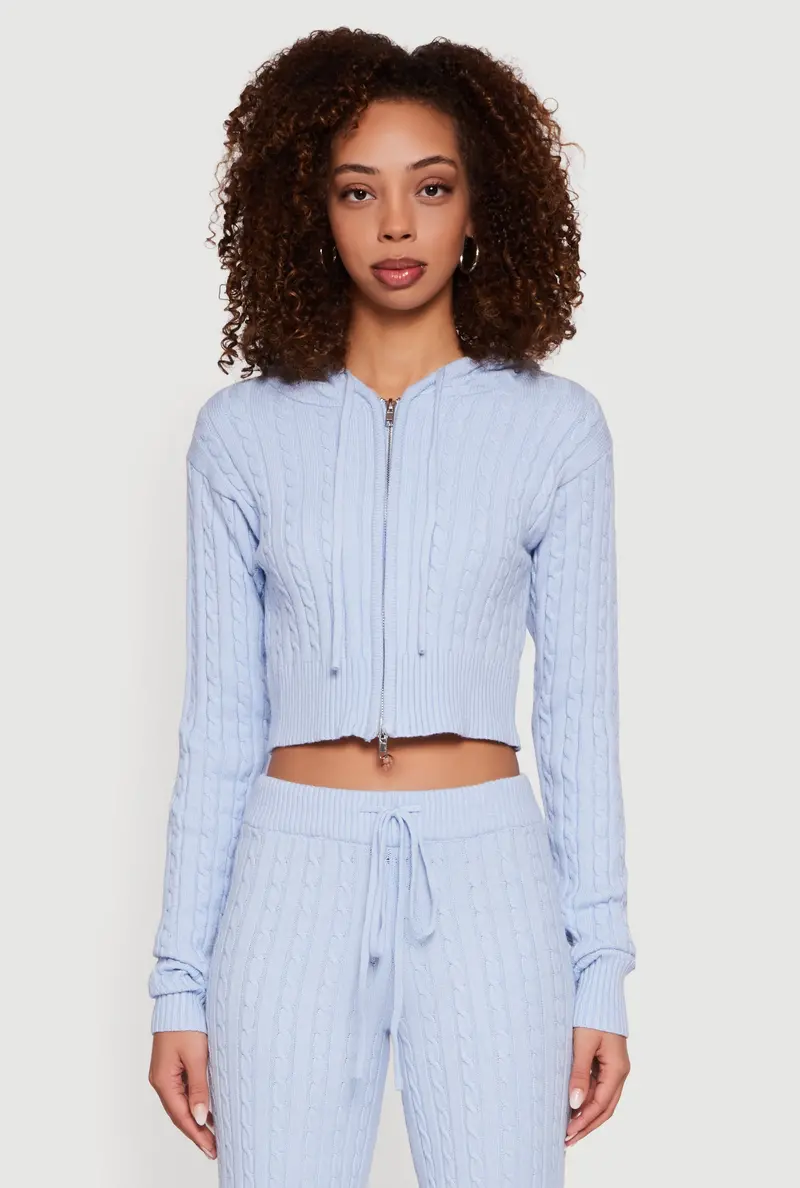Cropped Hooded Sweater Combining Ribbed And Cable Knit Textures 1