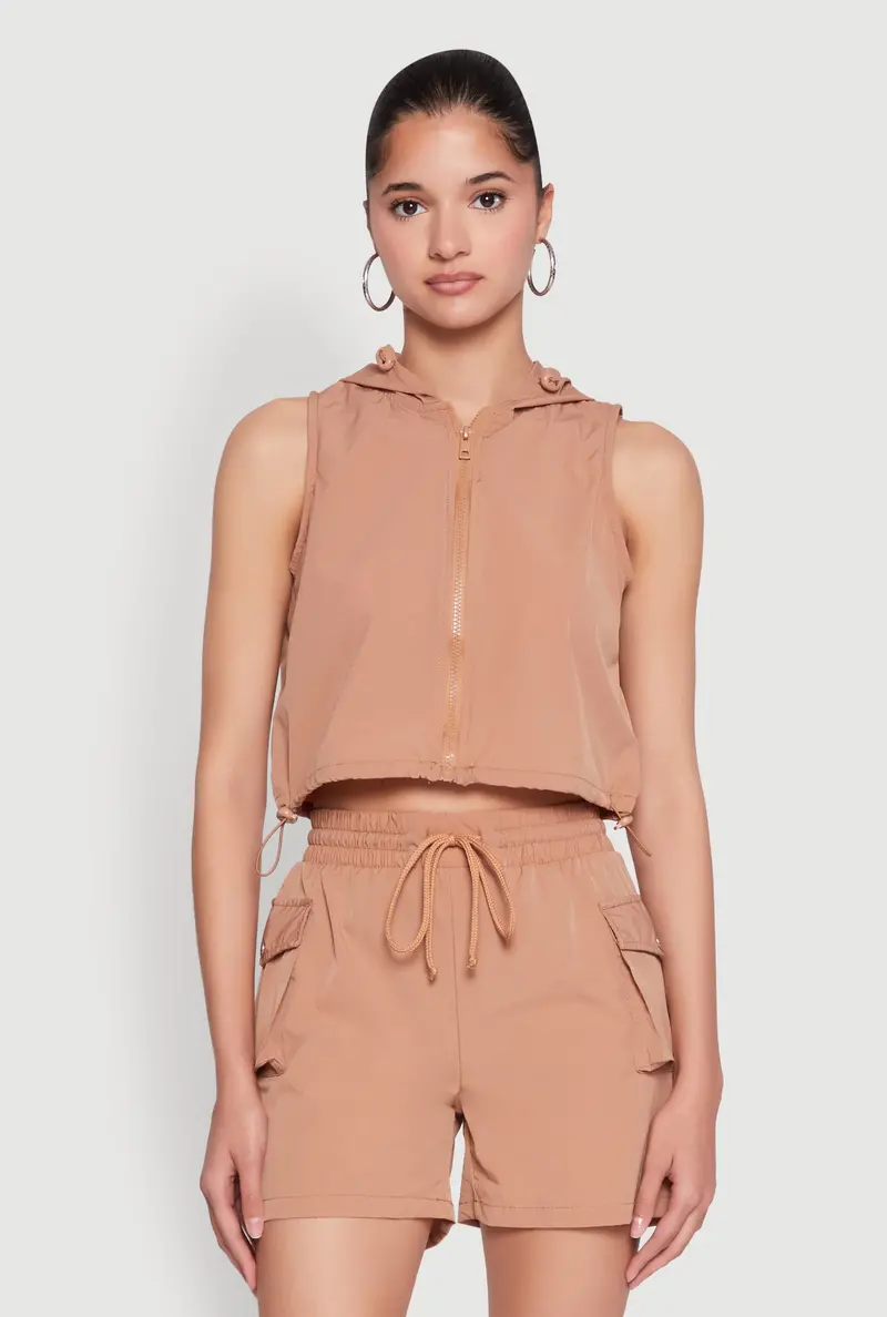 Cropped Hooded Vest With Toggle Drawstring Detail 1