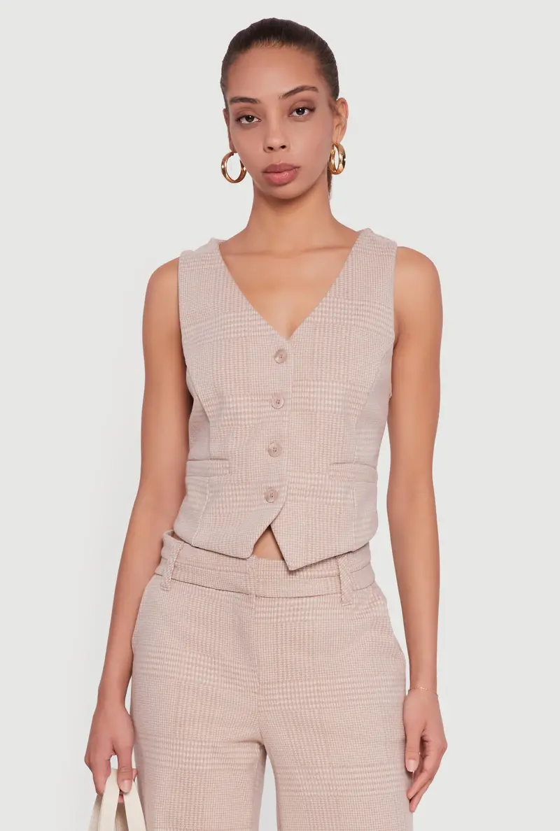 Cropped Houndstooth Blazer Vest With Button Front 1