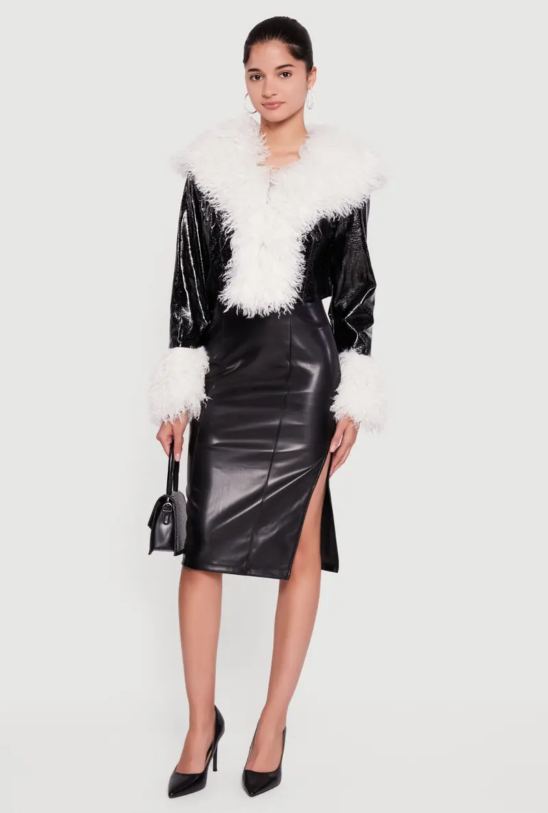 Cropped Jacket With Faux Fur Trim And Hook-And-Edge Closure 1