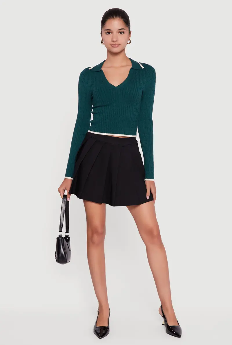 Cropped Johnny Collar Sweater With Cable Knit Texture And Trim 1