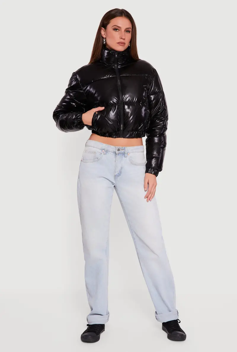 Cropped Mock Neck Puffer Jacket With Full Zip Closure 1