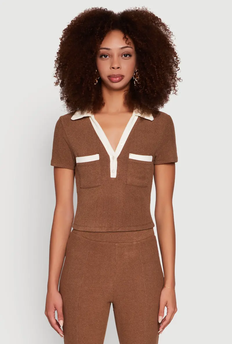 Cropped Polo Shirt In Brushed Knit With Contrast Trim 1