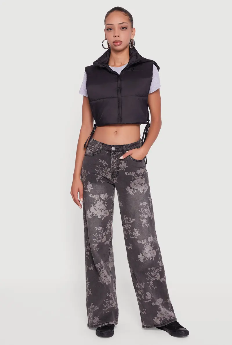 Cropped Puffer Vest With Hood And Adjustable Tie Sides 1