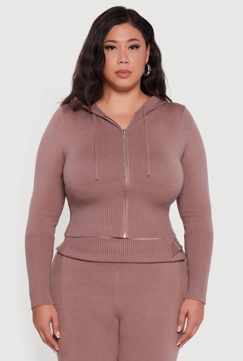 Cropped Rib-Knit Hoodie With Full-Zip Front – Plus Size 1