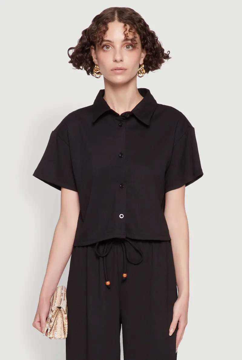 Cropped Textured Knit Shirt With Button Front 1