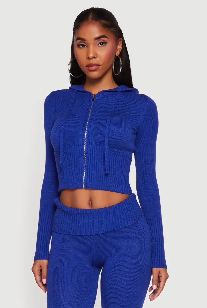 Cropped Zip-Front Hooded Sweater 1