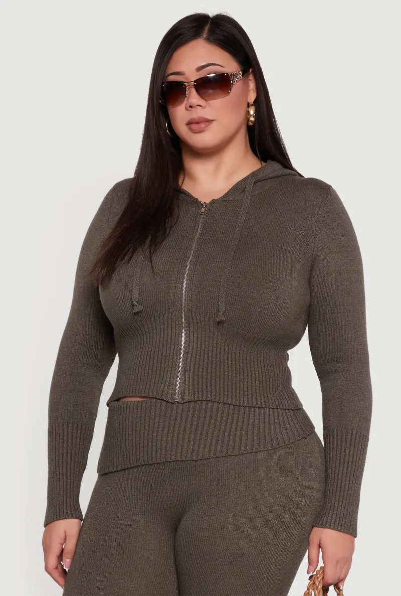 Curvy Cropped Hooded Sweater With Ribbed Texture And Zip Front 1