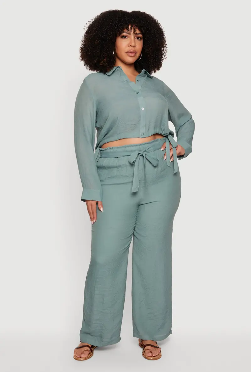Curvy-Designed Gauze-Knit Palazzo Pants With Cinched Waist Detail 1