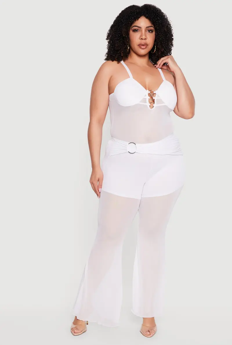 Curvy Flare Leg Pants With Decorative O-Ring Belt And Sheer Mesh Front 1