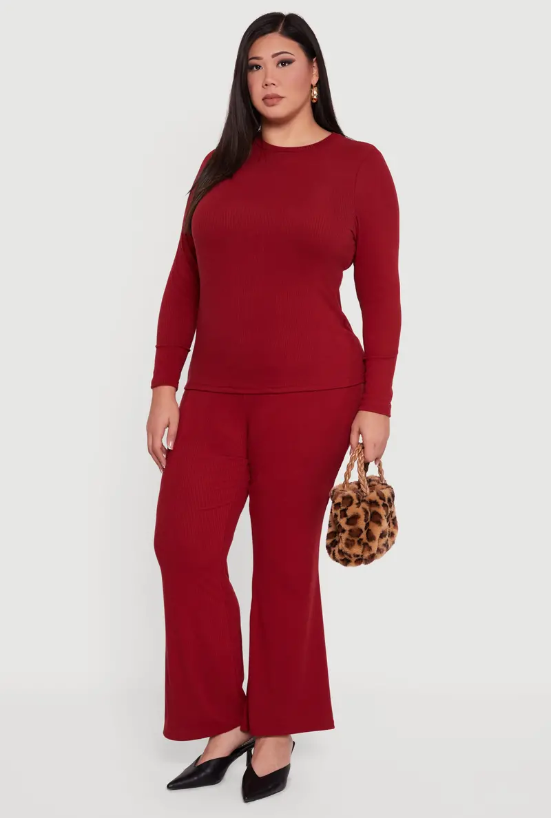 Curvy High-Waisted Rib-Knit Flare Pants 1