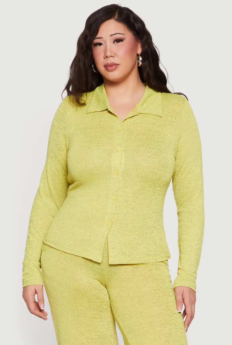 Curvy Long-Sleeve Button-Front Blouse With Collar 1