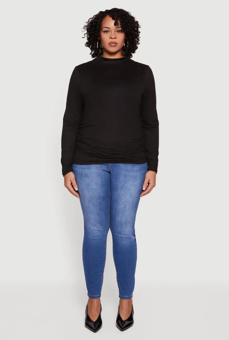 Curvy Mock Neck Long-Sleeve Top With Ruched Sides And Soft Knit Fabric 1