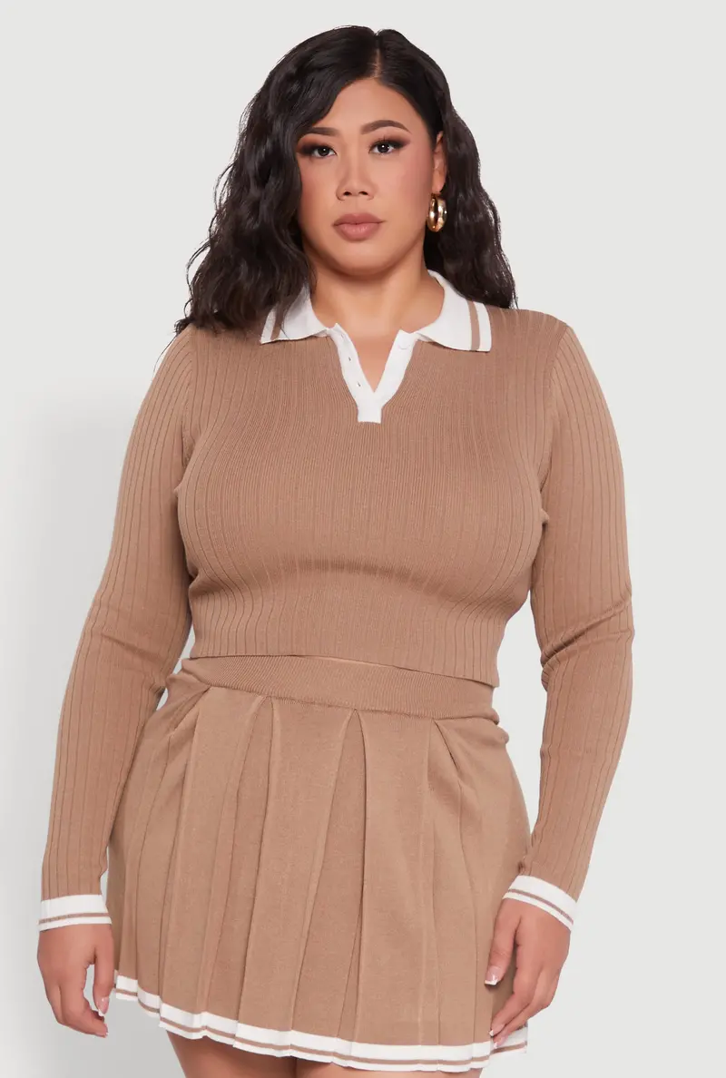 Curvy Rib-Knit Crop Sweater With Varsity Stripe Accents 1