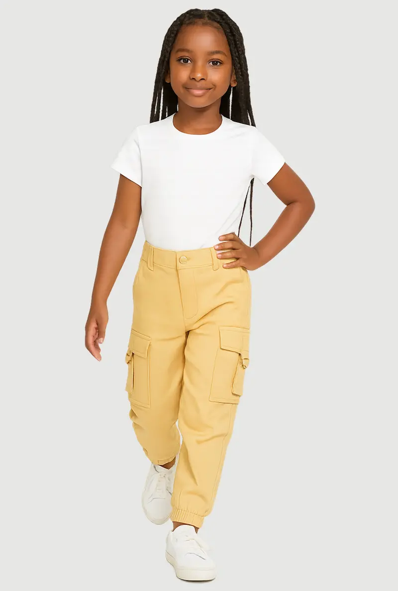 D-Ring Buckle Accented Solid Twill Cargo Joggers For Little Girls 1