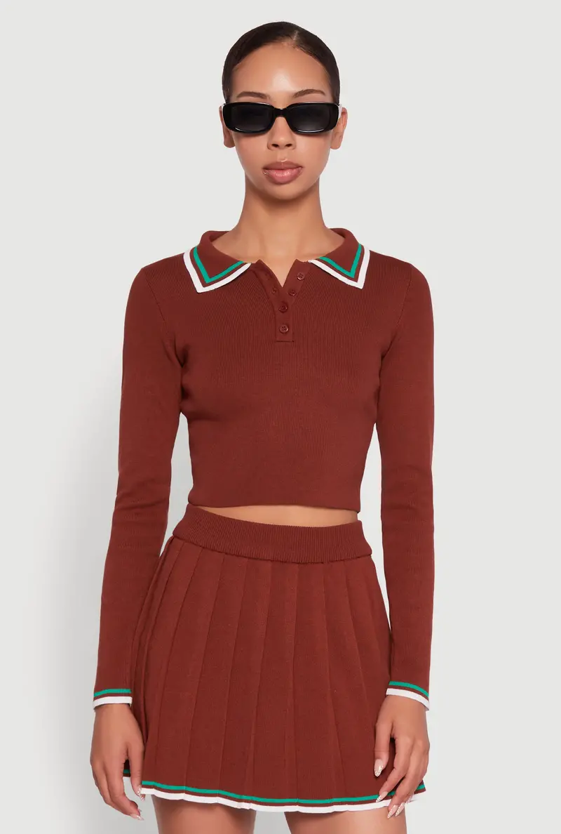 Daisy Contrast-Trim Long-Sleeve Cropped Polo Shirt 1