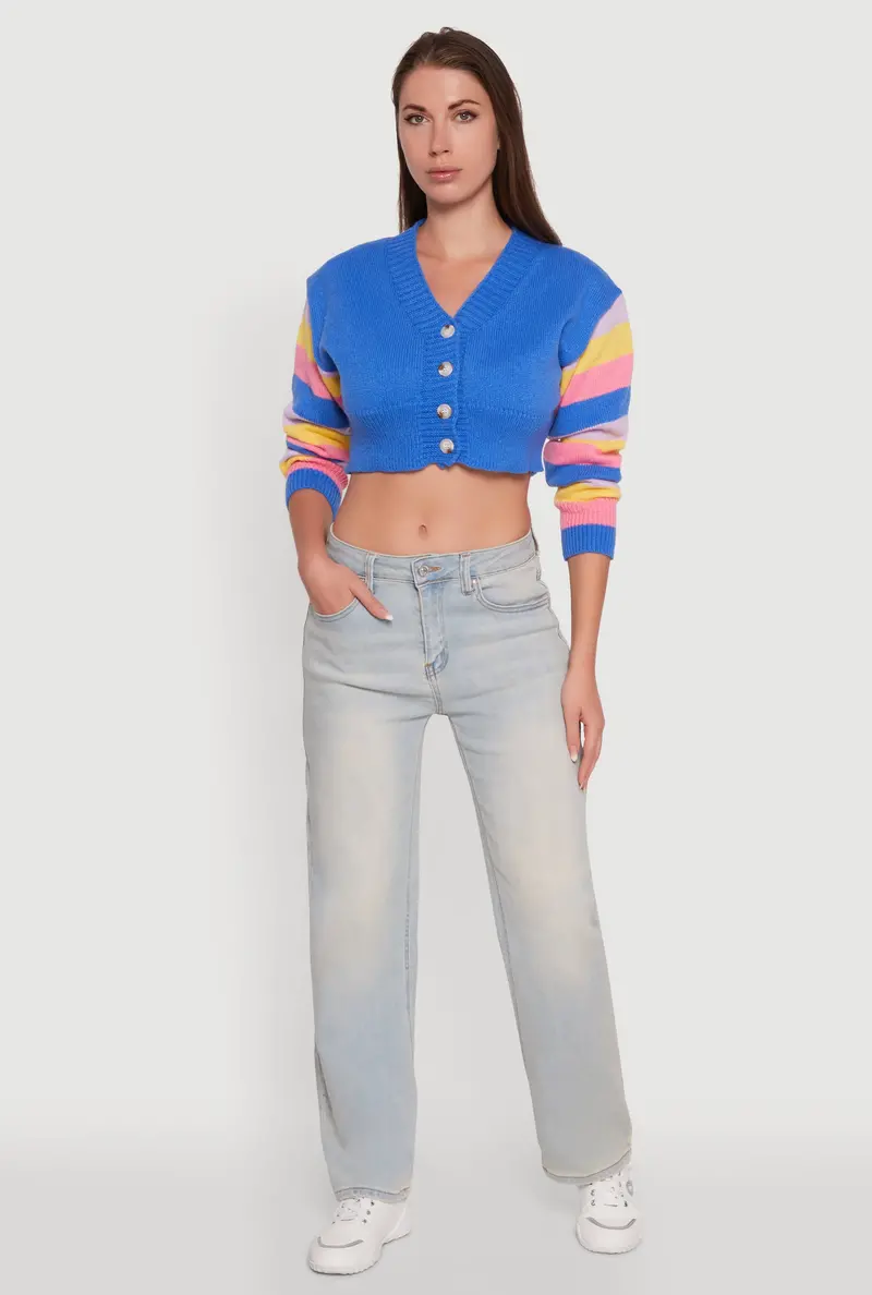 Daisy-Embellished Color-Blocked Cropped Cardigan With Striped Sleeves 1