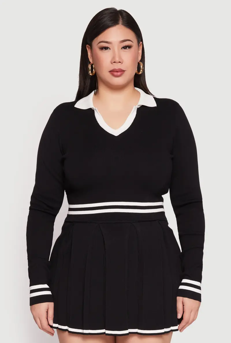 Daisy-Embellished Cropped Sweater With Varsity Stripe Detail – Plus Size 1