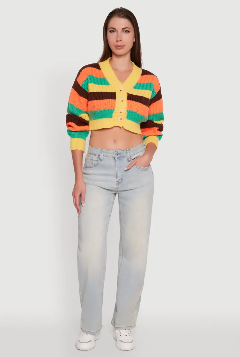 Daisy Striped Cropped Cardigan With V-Neck And Buttons 1