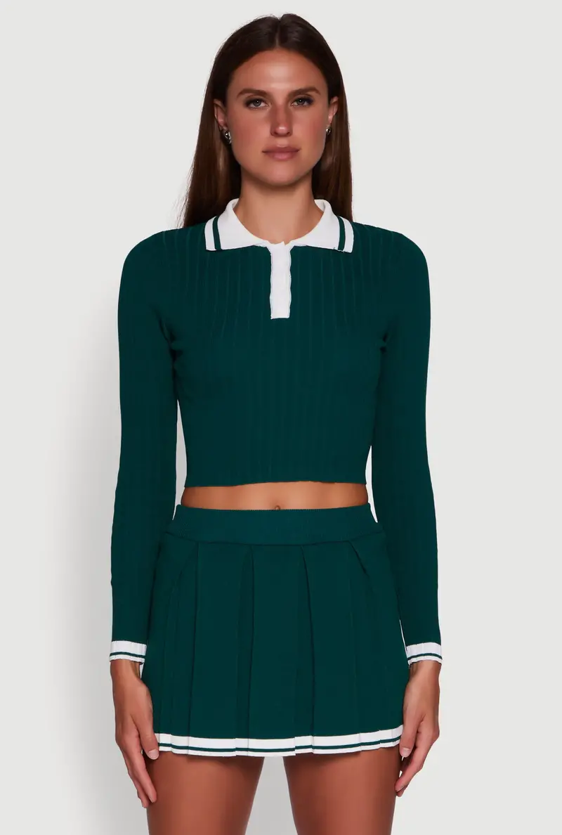 Daisy Varsity-Stripe Ribbed Knit Polo Top 1