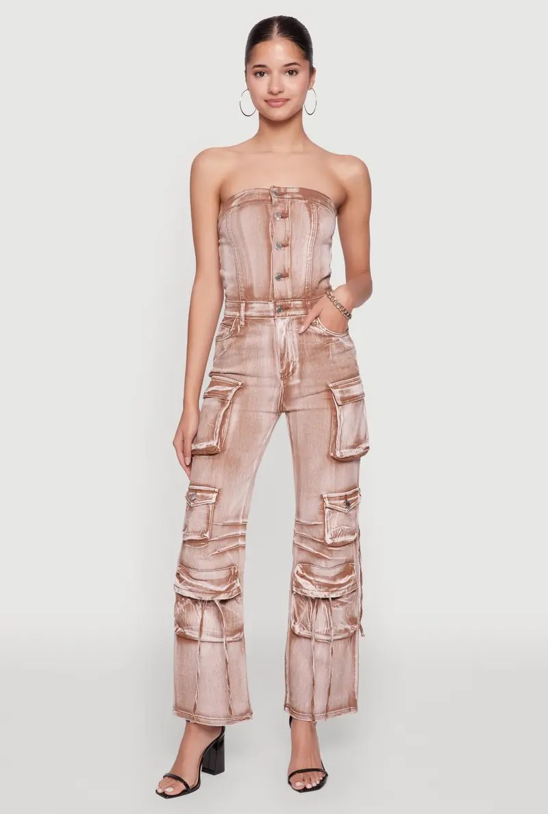 Denim Strapless Flare Jumpsuit Featuring Cargo Pockets 1