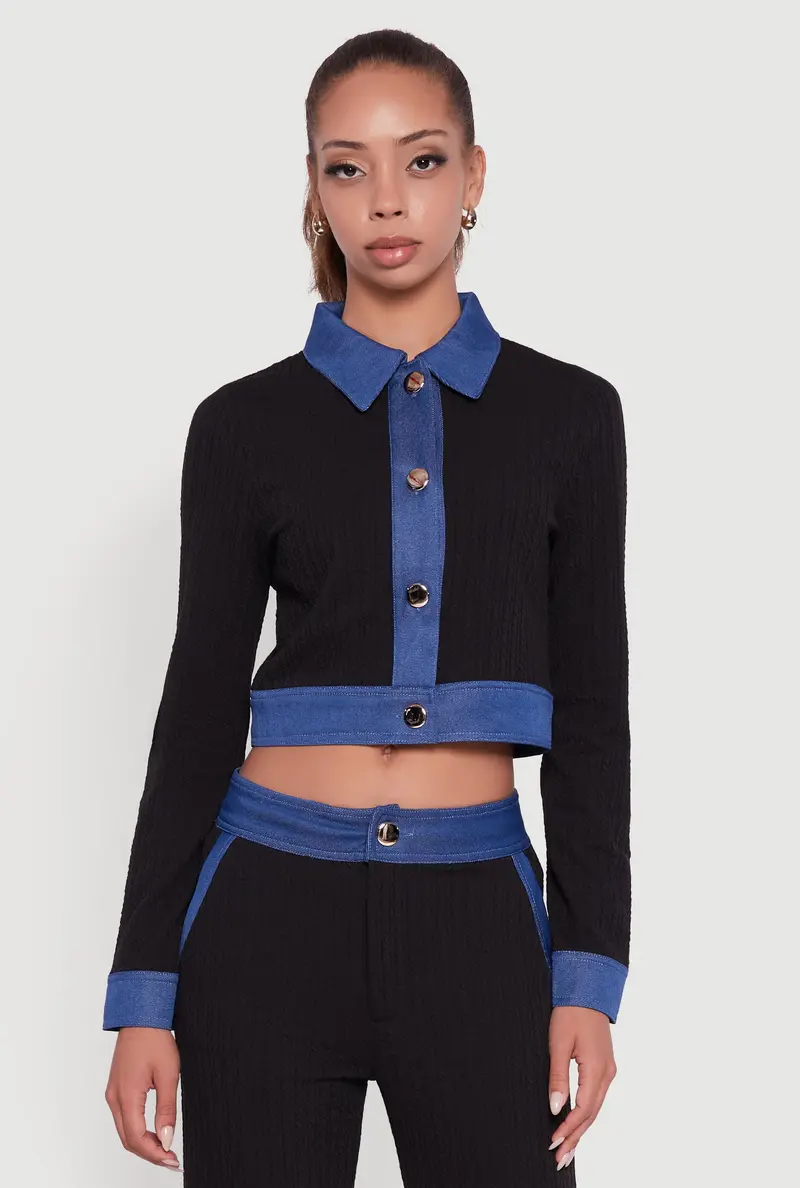 Denim-Trimmed Cropped Button-Front Shirt 1