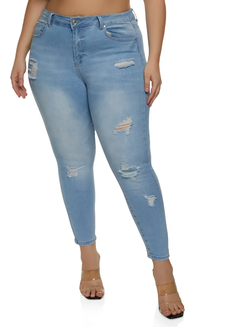 Distressed Cropped Jeans For Plus Size In Wax Finish 1