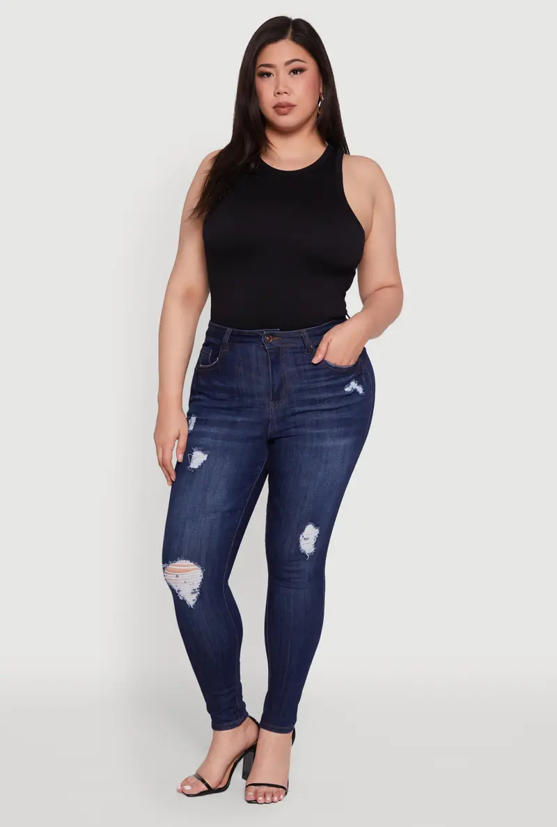 Distressed Plus-Size Skinny Jeans With Flexible Stretch Denim 1