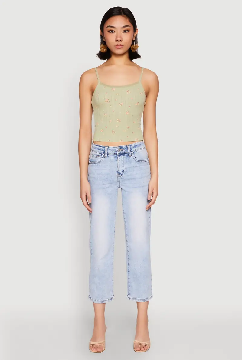 Ditsy-Print Camisole With Ribbed Knit Body And Delicate Lace Trim 1