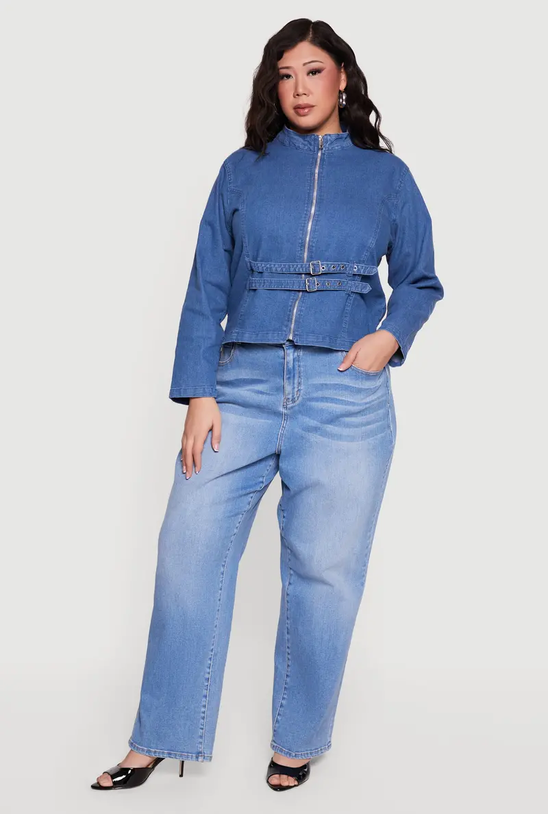 Double-Belted Moto Jacket In Structured Plus Size Fit 1