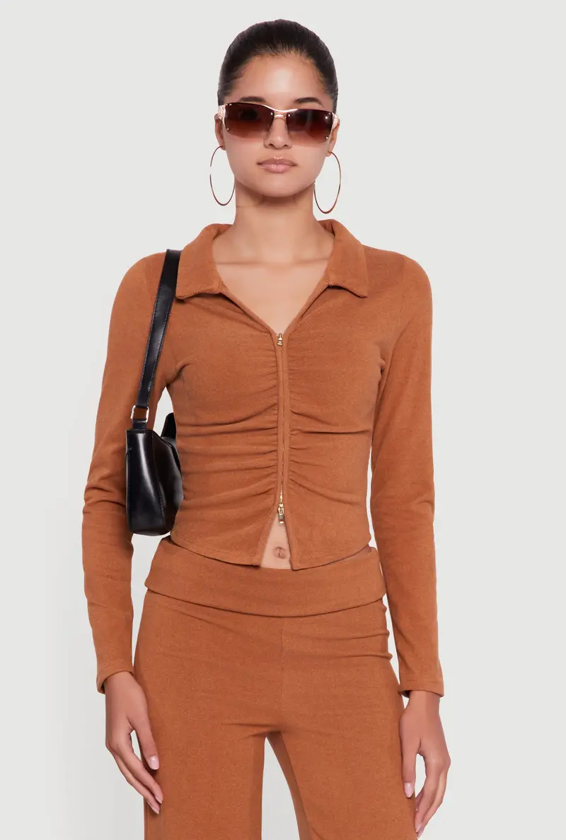 Double-Zip Crop Top In Brushed Rib Knit With Ruched Detail 1