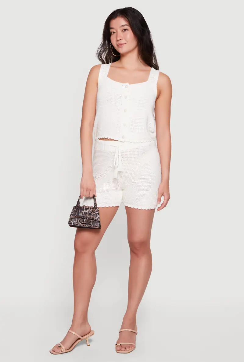 Drawstring-Waist Crochet Shorts Featuring Scalloped Hem 1