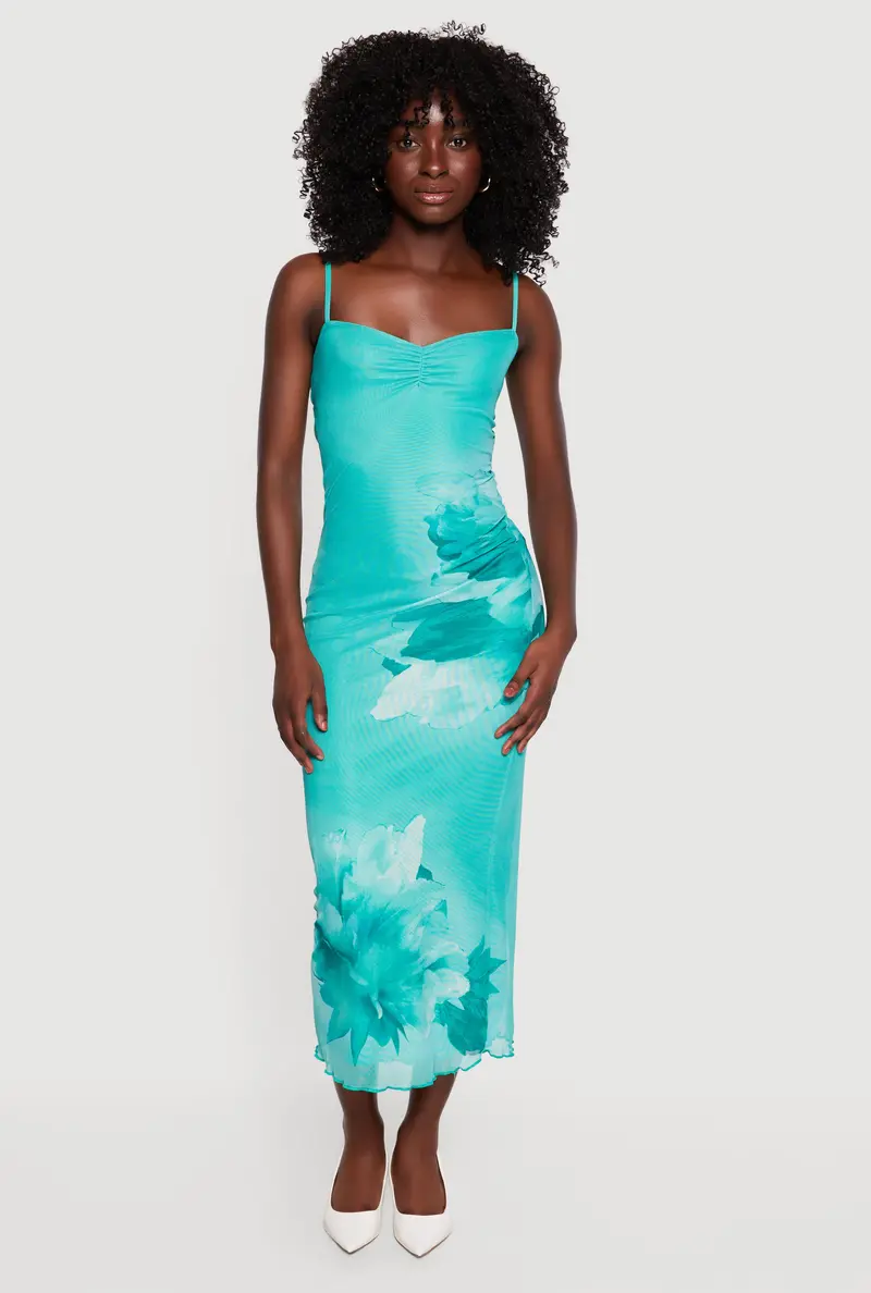 Effortless Floral Mesh Midi Dress – Elegant Sheer Overlay Look 1