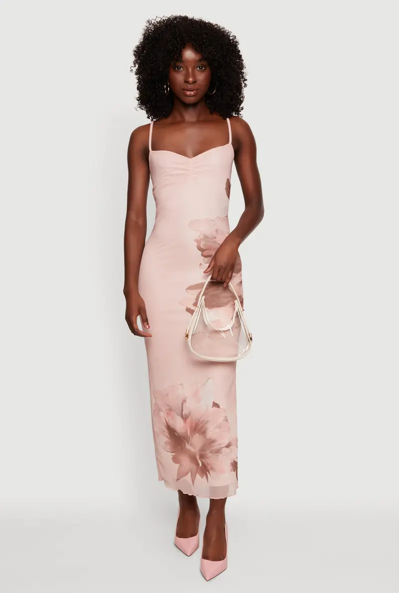 Ethereal Floral Mesh Midi Dress – Semi-Sheer Overlay Design 1