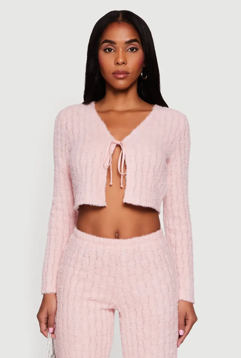 Eyelash Knit Crop Top – Tie-Front Long Sleeve 1
