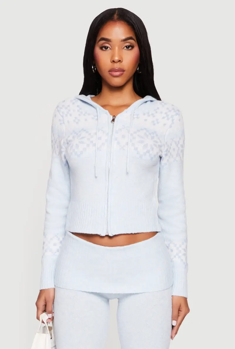 Fair Isle Cropped Hooded Sweater With Full Zip Front 1