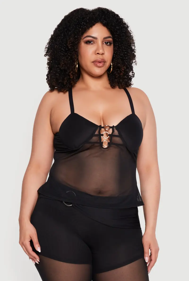 Fashion-Forward Mesh Top Featuring O-Ring Hardware And Flattering Neckline 1