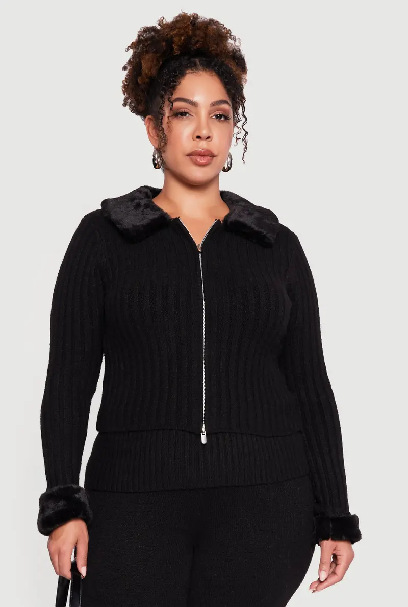 Faux Fur-Trimmed Plus Size Zip-Front Sweater (Removable Trim) 1