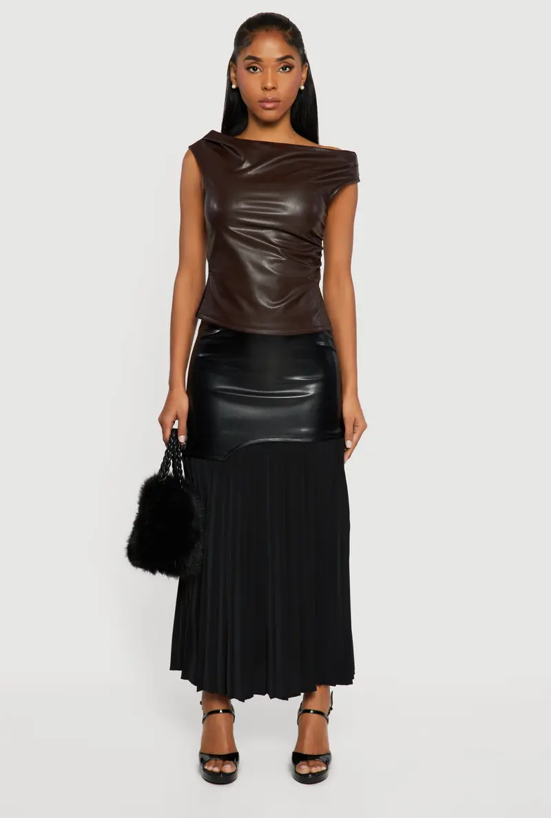 Faux Leather Boat-Neck Top With Side Slits And Ruching 1