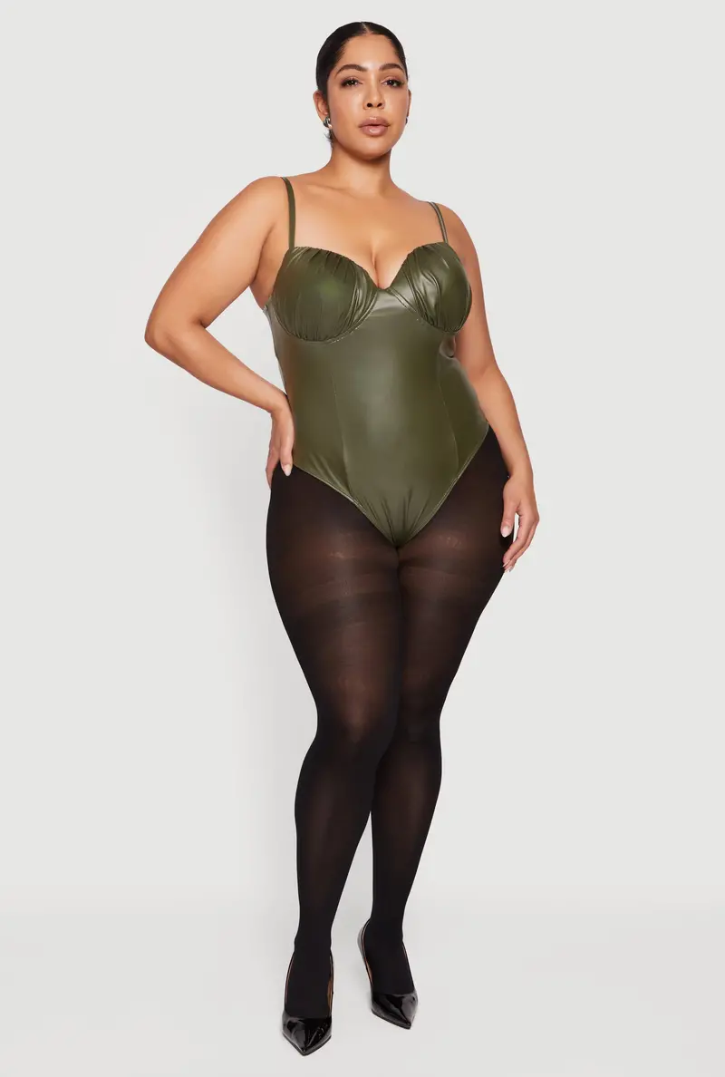 Faux-Leather Corset-Style Ruched Bodysuit – Plus Size 1