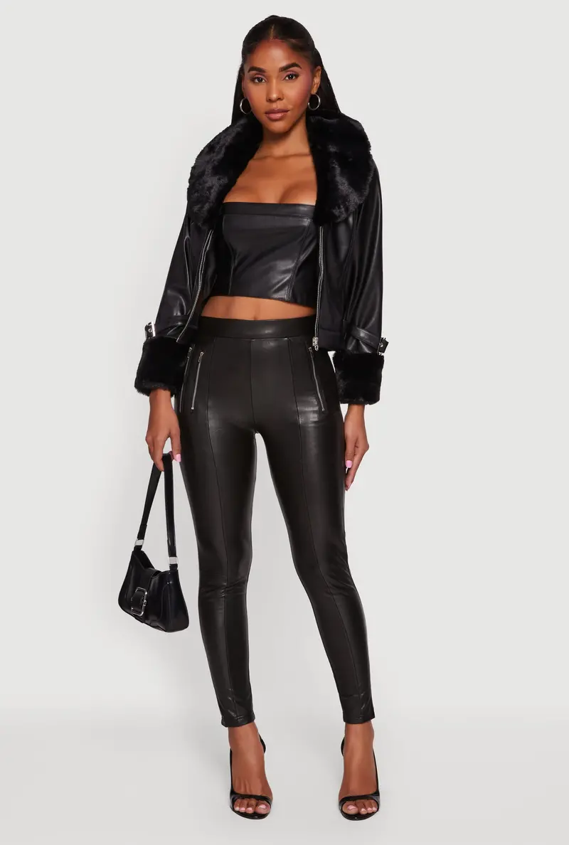 Faux Leather Jacket Featuring Faux Fur Accents 1