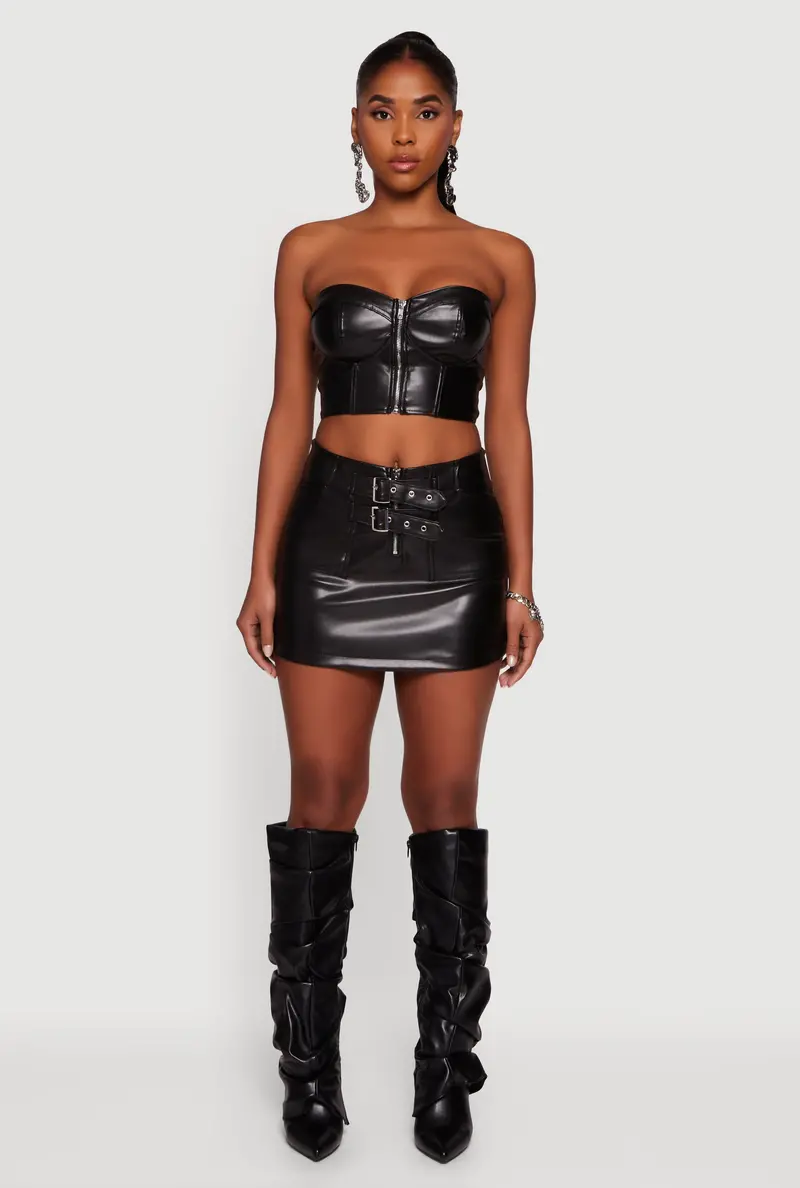 Faux Leather Mini Pencil Skirt With Dual Buckle Detail 1
